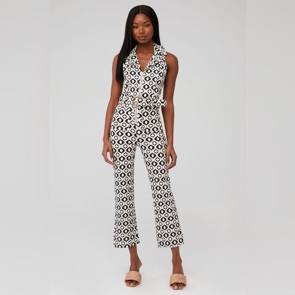 Show Me Your Mumu Jacksonville Cropped Geo Denim Jumpsuit Size Medium - Picture 1 of 13